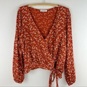 Lucky Brand XL Floral Burnt Orange Faux Wrap Tie Blouse
